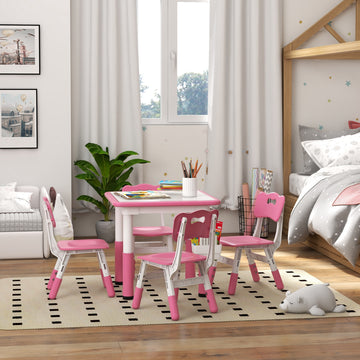 Qaba 5 Pieces Toddler Table and Chair Set, Height Adjustable Activity Table and Chair Set for Nursery Classroom, Pink
