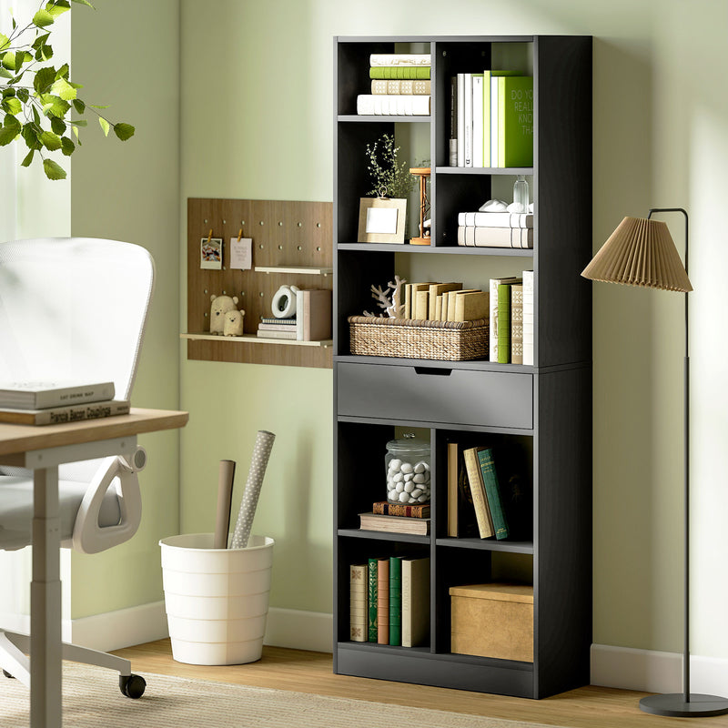 Tall Bookshelf with Drawer, Freestanding Bookcase for Bedroom, Living Room, Home Office, Black