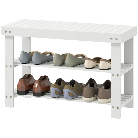 Bamboo Shoe Storage Bench, 3-Tier Entryway Bench with 2 Storage Shelves for Hallway, Holds 6 Pairs, White