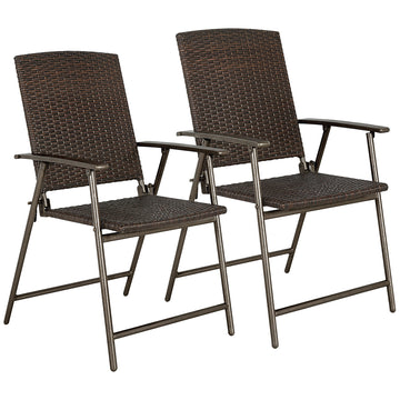 Outdoor Wicker Dining Chair Set of 2, 2 Pieces Rattan Foldable Chair with Steel Frame for Garden, Backyard, Porch, Brown