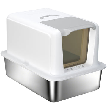 Stainless Steel Cat Litter Box w/ Removable Lid & Scoop, for Small to Large Cats, Easy to Clean, White