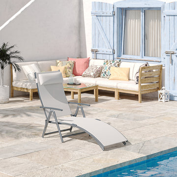 Heavy-duty Adjustable Folding Reclining Chair Outdoor Sun Lounger Patio Chaise Lounge Garden Beach Gravity Lounge with Pillow, 7 Adjustable Backrest Positions, Cream