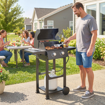 2 Burner Propane Gas Grill with Wheels, 18,400 BTU Portable BBQ Grill with Foldable Side Shelves, Warming Rack, Black
