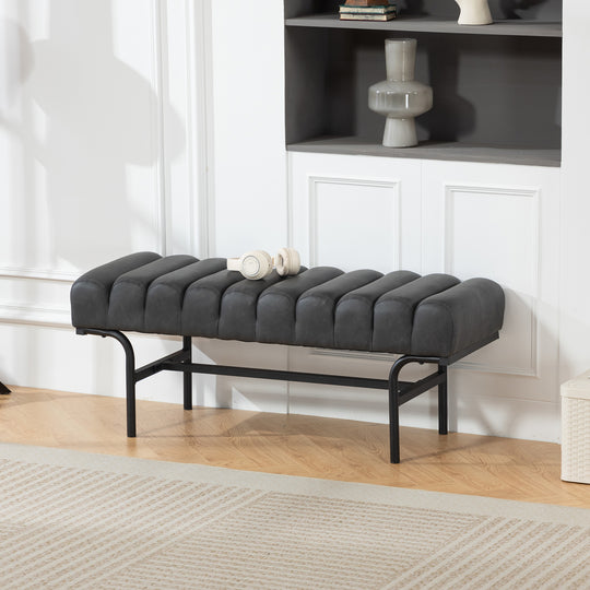 Bedroom Bench PU Leather End of Bed Bench with Cylindrical Seat and Metal Legs for Bedroom Living Room Hallway Black