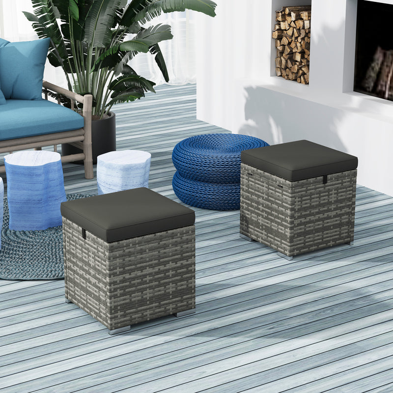 2 Pieces Wicker Outdoor Ottoman with Storage, Cushion, Square Outdoor Footstool, Seating, Side Table, Dark Grey