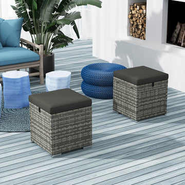 2 Pieces Wicker Outdoor Ottoman with Storage, Cushion, Square Outdoor Footstool, Seating, Side Table, Dark Grey