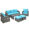 6 Pieces Patio Furniture with Cushions, PE Wicker Sectional Furniture Conversation Set with a 3-Seat Sofa, 2 Recliner Chairs, 2 Footstools, Table, Sky Blue