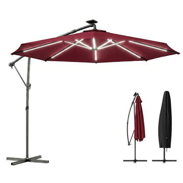 10 ft Offset Patio Umbrella with Solar Light, Garden Hanging Parasol with 360° Rotation, Tilt, Cover, Wine Red