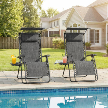 2 Piece Foldable Lounge Chair with Canopy Shade, Outdoor Zero Gravity Chair w/ Side Tray & Cup Holder, Reclining Lounger w/ Breathable Mesh Fabric Seat, Pillow, Dark Grey
