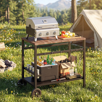 Outdoor Grill Cart, 2-Tier Pizza Oven Stand, BBQ Stand with Beverage Holder, Hooks, Wheels, Black and Brown