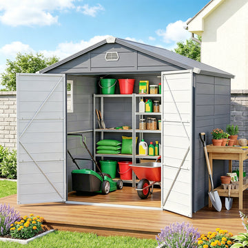 4.5' x 6' Plastic Garden Storage Shed with Latch Door, Vents, Sloped Roof, Light Grey