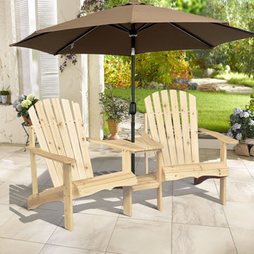 2 Piece Pair Wood Adirondack Chair Porch Tete-A-Tete Bench Two Seater w/ Middle Table Reclined Wooden Umbrella Hole, Natural