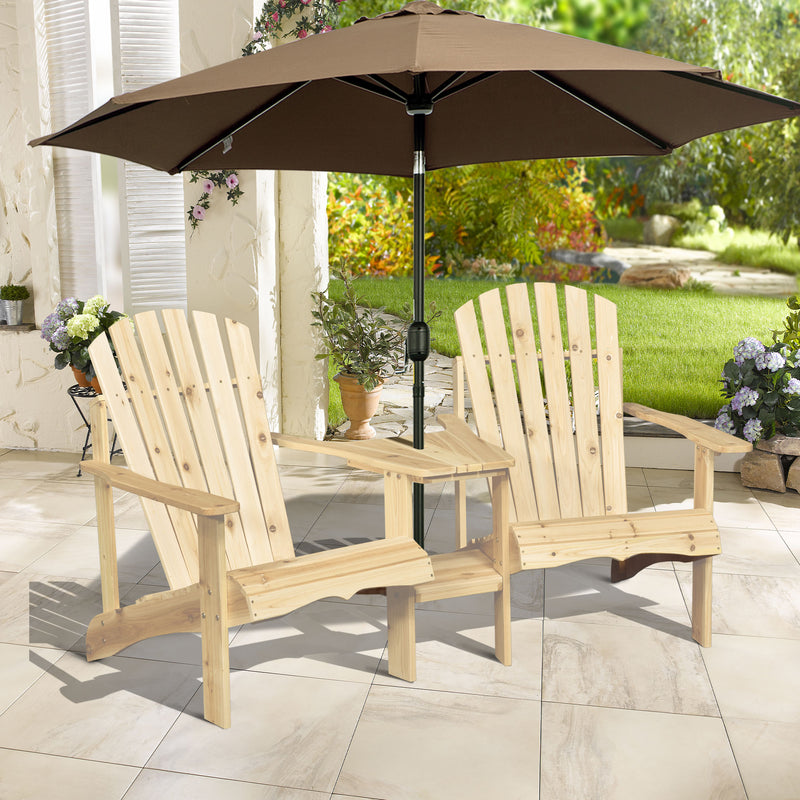 2 Piece Pair Wood Adirondack Chair Porch Tete-A-Tete Bench Two Seater w/ Middle Table Reclined Wooden Umbrella Hole, Natural