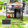 Outdoor BBQ Stand with Foldable Side Table, Stainless Steel Top, Pizza Oven Table with Wheels Hooks Shelves