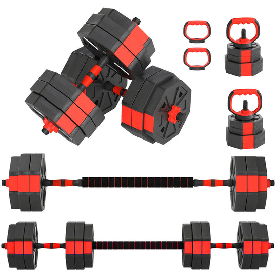6-in-1 Adjustable Dumbbell Set, Used as Kettlebell, Barbell, Dumbbell, Push-Up Stand, 66lbs Free Weights Set, Red