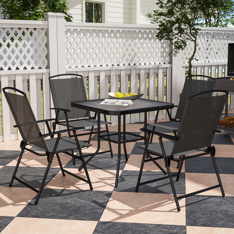 5 Pieces Outdoor Patio Dining Set with Glass Top Table and 4 Mesh Folding Chairs, Small Outdoor Patio Furniture, Grey