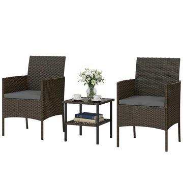 Wicker Bistro Set, 3 Piece Patio Furniture Set with 2-Tier Glass Top Table, Cushions for Balcony, Porch, Dark Grey