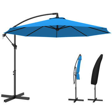 10ft Offset Patio Umbrella with Base, Garden Hanging Parasol with Crank, Banana Cantilever Umbrella Sun Shade, Blue