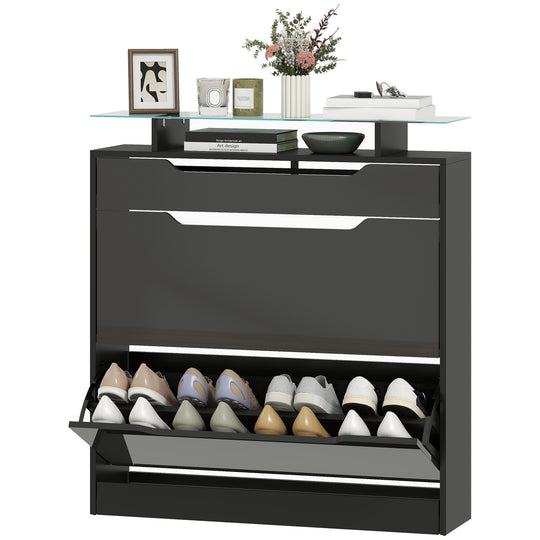 High Gloss Shoe Cabinet with 2 Flip Drawers and Adjustable Shelves, Narrow Shoe Storage Cabinet with Glass Top, Black