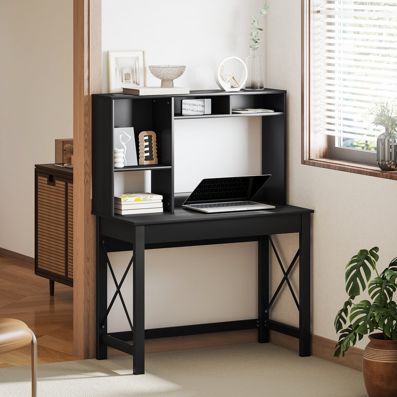 Computer Desk with Hutch, Home Office Table with Storage Shelves and Open Compartments for Writing, Work, Black