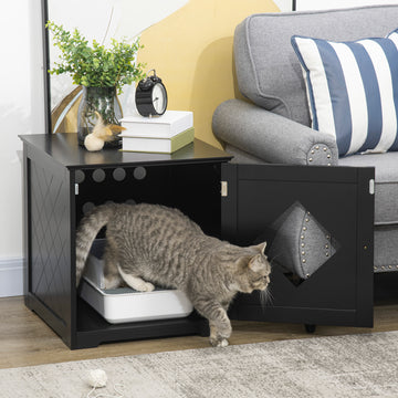 Cat Litter Box Enclosure End Table, Indoor Cat Washroom with Magnetic Door, Hidden Litter Box Nightstand with Large Tabletop, Easy Assembly, Black