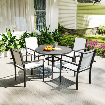 5 Piece Outdoor Dining Set with Round Table and 4 Stackable Chairs, for Backyard, Lawn, Deck, Balcony, Pool Side