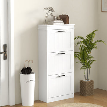 Slim Shoe Cabinet with 3 Flip Drawers and Adjustable Shelves, Narrow Shoe Cabinet for 15 Pairs of Shoes, White