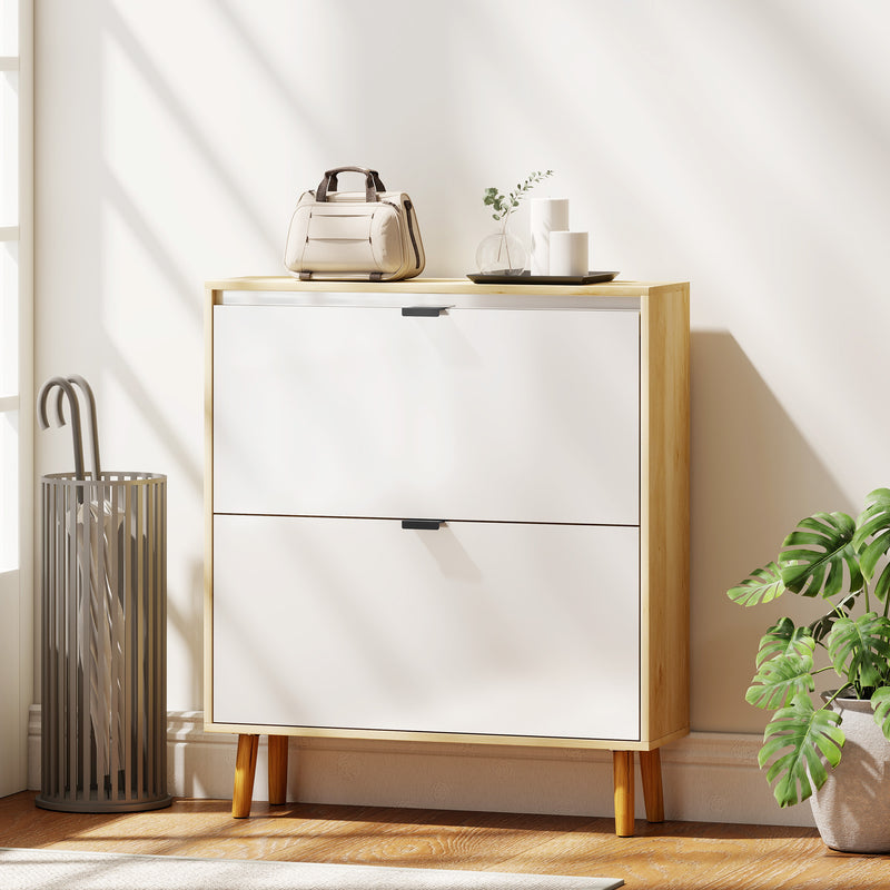 Narrow Shoe Cabinet, High Gloss Shoe Storage Cabinet with 3 Flip Drawers and Adjustable Shelves, Holds 24 Pairs, White