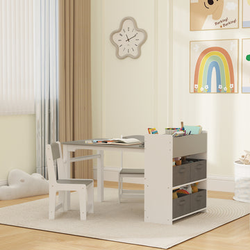 Qaba Kids Table and Chairs Set, Toddler Art Table and Chair Set with Paper Roll, Storage Shelves and Drawers, Grey