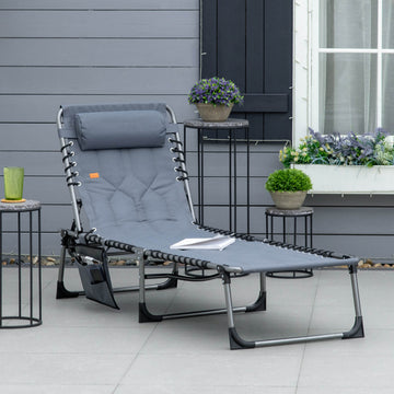 Outdoor Lounge Chair, Folding Chaise Lounge, Patio Padded Tanning Chair with 5-position Adjustable Backrest, Pillow and Pocket for Deck, Beach, Lawn and Sunbathing, Grey