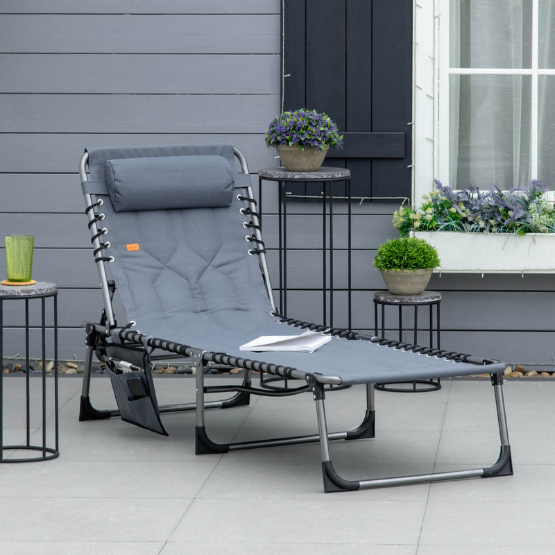 Outdoor Lounge Chair, Folding Chaise Lounge, Patio Padded Tanning Chair with 5-position Adjustable Backrest, Pillow and Pocket for Deck, Beach, Lawn and Sunbathing, Grey