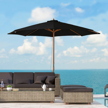 10' x 8' Wooden Patio Umbrella, Garden Parasol, Outdoor Sunshade Canopy with Bamboo Rib for Outdoor, Black