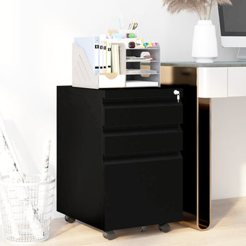 3 Drawer File Cabinet with Lock, Steel Vertical Filing Cabinet with 5 Wheels and Hanging Bar for A4/Legal/Letter, Home Office Printer Stand with Pre-Assembled Body, Black