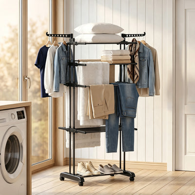5-Tier Clothes Drying Rack, Foldable Laundry Drying Rack with Wheels, Side Wings, Black