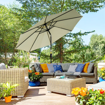 10' x 8' Round Market Umbrella, Patio Umbrella, Outdoor Parasol with Crank Handle, Tilt for Garden, Bench, Lawn, Beige