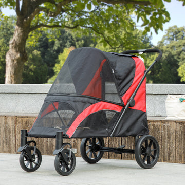 Foldable Pet Stroller for Medium Dogs with Four Big Wheels, Shock-Absorbing Frame, Safety Leashes, Brakes, Black
