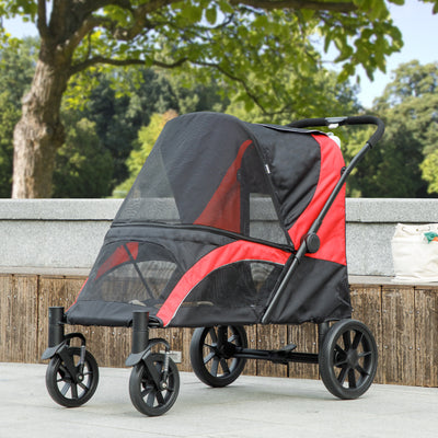 Foldable Pet Stroller for Medium Dogs with Four Big Wheels, Shock-Absorbing Frame, Safety Leashes, Brakes, Black
