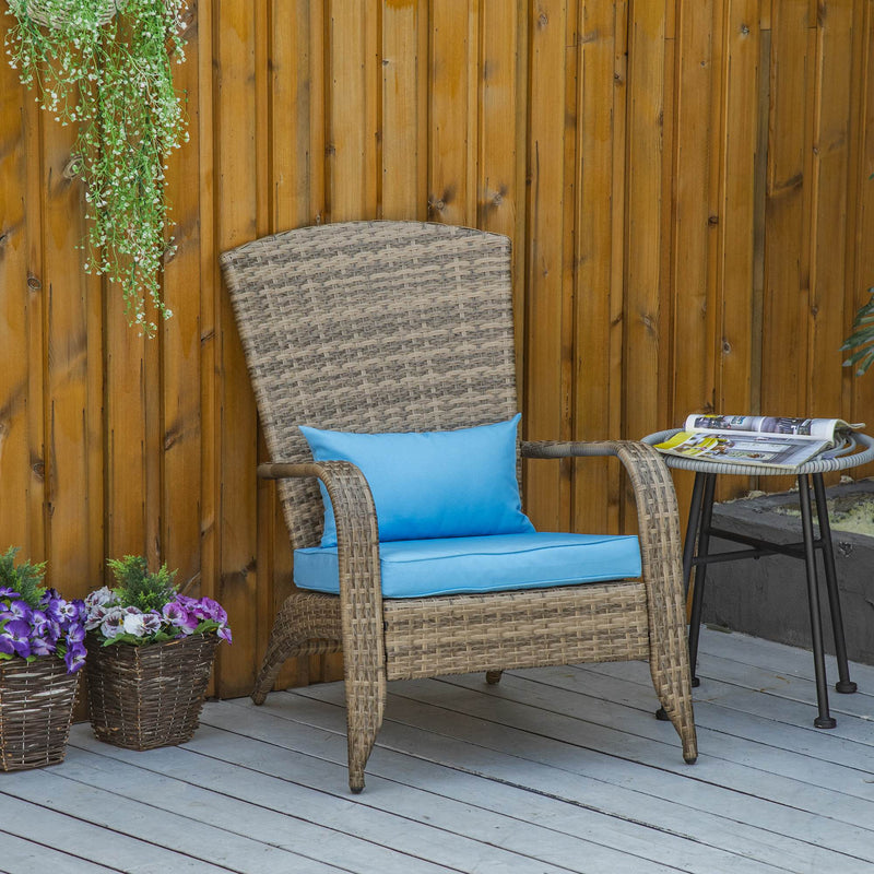 Patio Wicker Adirondack Chair, Outdoor PE Rattan Fire Pit Chair, Muskoka Chair w/ Soft Cushions, Tall Curved Backrest and Comfortable Armrests for Deck Garden, Blue