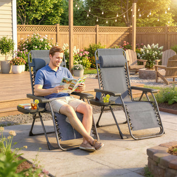 Zero Gravity Chair Set of 2, Folding Reclining Outdoor Lounge Chair with Cup Holder, Headrest, Dark Grey