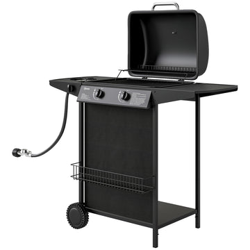 2+1 Burner Propane Gas BBQ Grill, Portable Gas Barbecue Grill with Side Burner, Thermometer, Lid, Side Table, Shelf, Spice Rack, Wheels, Grease Cup for Garden, Black