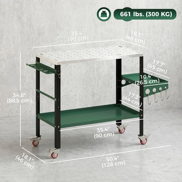 2Tier Rolling Tool Cart with Wheels, Lockable Steel Heavy Duty Cart with Side Tray, Silver & Green