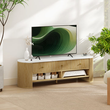 TV Stand, Modern TV Table with Marble-Effect Top, 3 Drawers and 2 Open Shelves for 32-65 Inch Television, Black