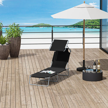 Outdoor Lounge Chair, Adjustable Folding Chaise Lounge, Tanning Chair with Sun Shade for Beach, Camping, Hiking, Backyard, Black