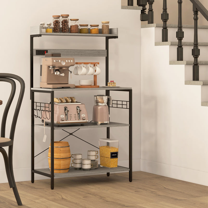 Kitchen Baker's Rack with Power Outlet, Coffee Bar Station with Adjustable Shelves and Hooks, Distressed Grey