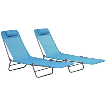 Set of 2 Folding Chaise Lounge Chairs, Outdoor Poolside Sun Tanning Chairs w/ Pillow, Reclining Backrest, Blue