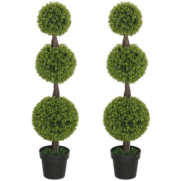 Set of 2 Artificial Ball Boxwood Topiary Trees, Fake Plants in Pots for Indoor Outdoor Decor, Green