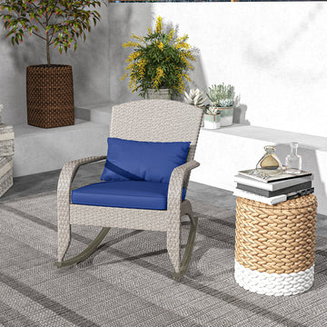 Adirondack Chair, Outdoor Wicker Rocking Chair with High Back, Seat Cushion and Pillow for Porch, Balcony, Dark Blue
