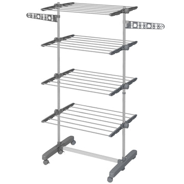 Garment Drying Rack Stainless Steel Folding Clothes Hanging Rack with Side Wings Castors for Indoor Outdoor Grey