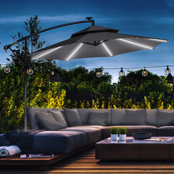10FT Cantilever Patio Umbrella with Lights Solar Powered Offset Umbrella with Crank and Cross Base for Deck Light Grey