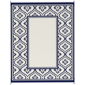 8' x 10' Outdoor RV Rug, Reversible Patio Floor Mat with Carry Bag, Gourd Border, Blue and White